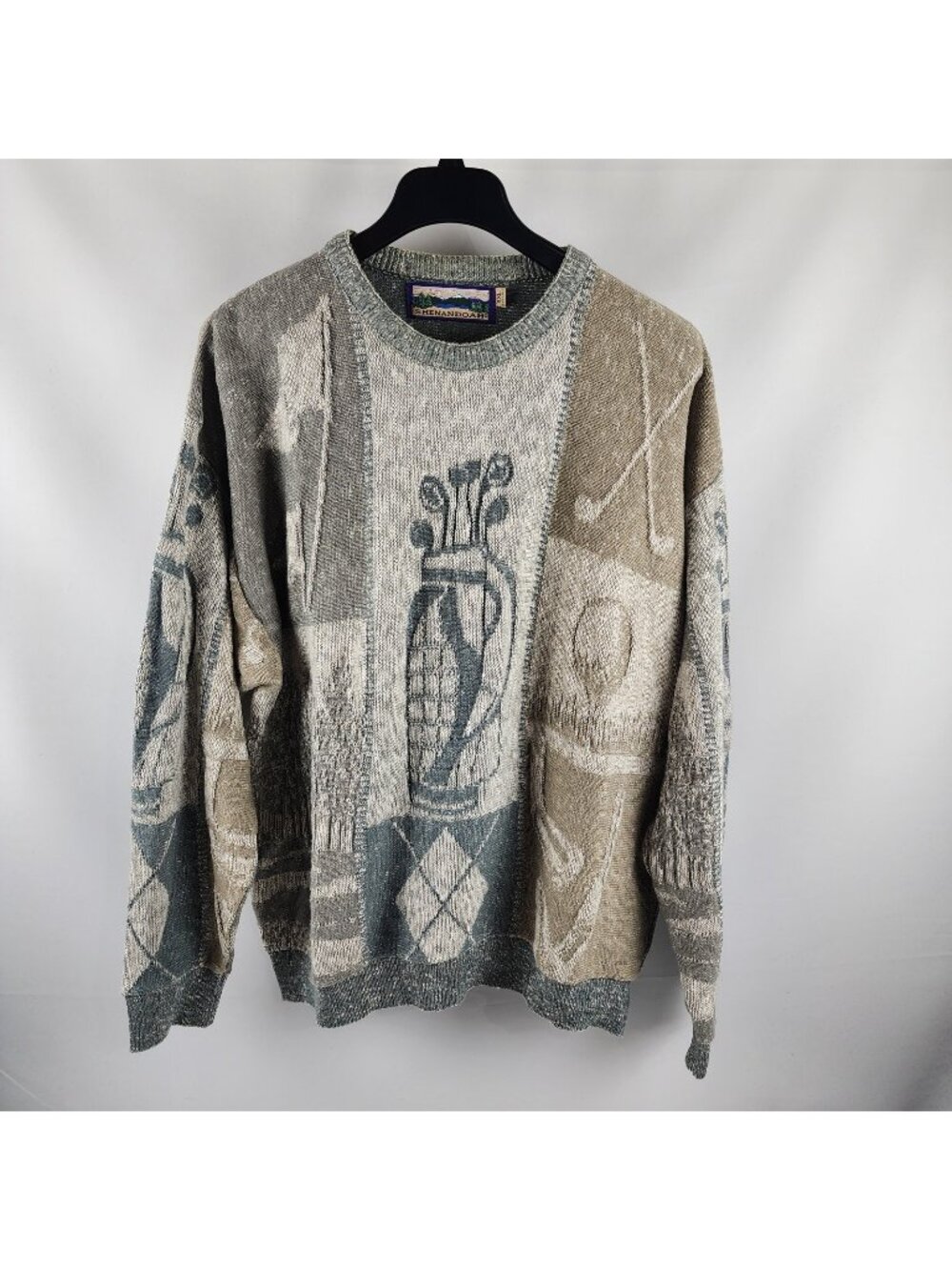 Shenandoah Sweater Mens XXL Gray Tan Multi Golf Bag Graphic Patchwork USA